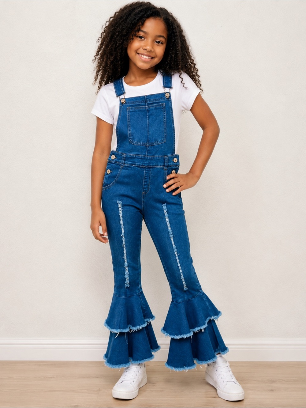 Girls Blue Distressed Denim Ruffle Hem Overalls 10